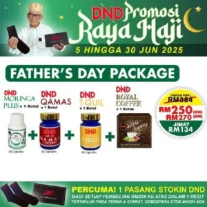 PACKAGE 1: FATHER'S DAY : 1 DND MORINGA PLUS(30 CAPSULES) + 1 DND QAMAS (30 CAP) + 1 DND T-QUIL + 1 DND ROYAL COFFEE