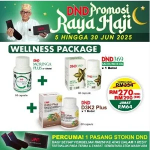 PACKAGE 2: WELLNESS PACKAGE (1 BOTOL DND369 SIO SOFTGEL + 1 BOTOL DND MORINGA PLUS + 1 BOTOL DND D3K2 PLUS SOFTGEL)