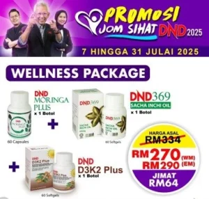 PACKAGE 2: WELLNESS PACKAGE (1 BOTOL DND369 SIO SOFTGEL + 1 BOTOL DND MORINGA PLUS + 1 BOTOL DND D3K2 PLUS SOFTGEL)