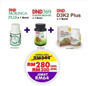 PACKAGE : WELLNESS PACKAGE (1 BOTOL DND369 E-SIO SOFTGEL + 1 BOTOL DND MORINGA PLUS + 1 BOTOL DND D3K2 PLUS SOFTGEL)