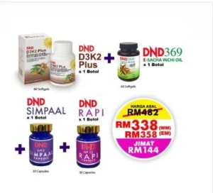 PACKAGE KESIHATAN CA (PD): (1 DND369 E-SIO (60 softgel) + 1 DND D3K2 PLUS (60 softgel)+ 1 DND SIMPAAL (30 cap) + 1 DND RAPI (30 CAP)