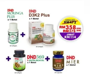 PACKAGE KESIHATAN CA (KOLON): (1 DND369 E-SIO (60 softgel) + 1 DND D3K2 PLUS (60 softgel)+ 1 DND MORINGA PLUS (60 CAP) + 1 DND MIER(30 CAP)