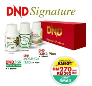 DND SIGNATURE : WELLNESS PACKAGE (1 BOTOL DND369 SIO SOFTGEL + 1 BOTOL DND MORINGA PLUS + 1 BOTOL DND D3K2 PLUS SOFTGEL)