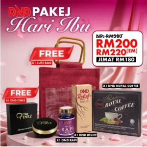 PAKEJ HARI IBU (PAKEJ A - 1 DND ROYAL COFFEE + 1 DND RELIEF + 1 DND RAPI FREE 1 JUTE BAG + 1 DND FINEZ