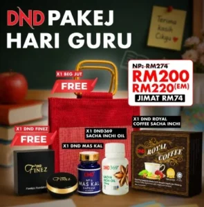 PAKEJ HARI GURU (1 DND ROYAL COFFEE + 1 DND369 SACHA INCHI OIL 60 SOFTGEL + 1 DND MASKAL FREE 1 JUTE BAG + 1 DND FINEZ