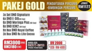 PACKAGE GOLD : (3 DND SIGNATURE + 6 DND MORINGA PLUS (60 CAP) + 6 DND369 ESIO (60 CAP) + 6 DND D3K2 PLUS (60 CAP) + 9 DND ROYAL COFFEE + 3 DND RXLITE COCOA ) FREE 1 RXWATER FLASK BERNILAI RM880