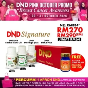 PACKAGE 1: DND SIGNATURE (1 BOTOL DND369 SIO SOFTGEL + 1 BOTOL DND MORINGA PLUS + 1 BOTOL DND D3K2 PLUS SOFTGEL + FREE 1 BTL PAHIT